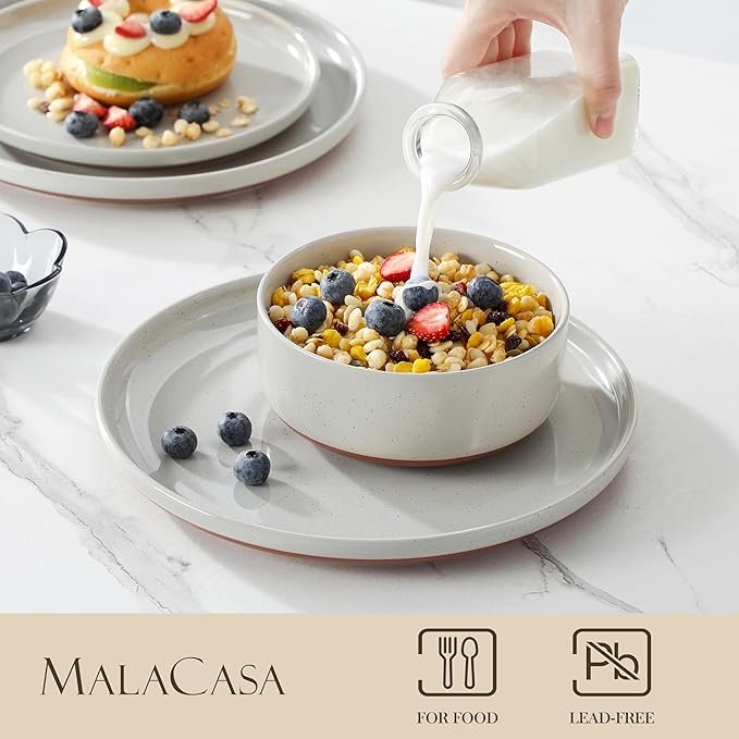 MALACASA Plates and Bowls Sets, 24 Pieces Modern Ceramic Dinnerware Set for 8 Kitchen Dinner Set Stoneware Dishware Dishes Set Microwave and Dishwasher Safe, Grey, Series TARA