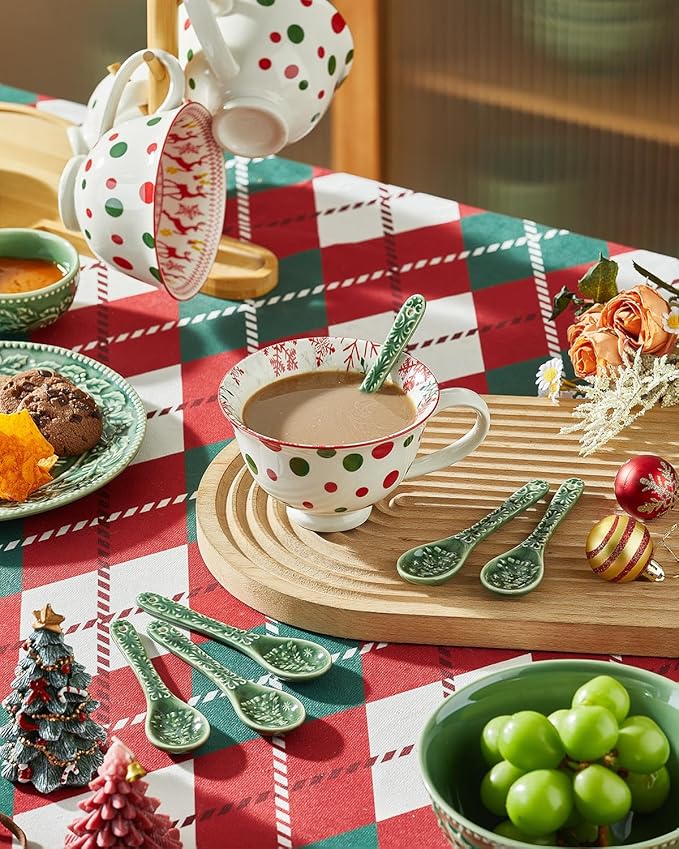 Christmas Tree Coffee Spoons, Ceramic Teaspoons, Small Spoons for Espresso, Dessert, Tea, Stirring, Dishwasher & Microwave Safe, Green, Set of 6