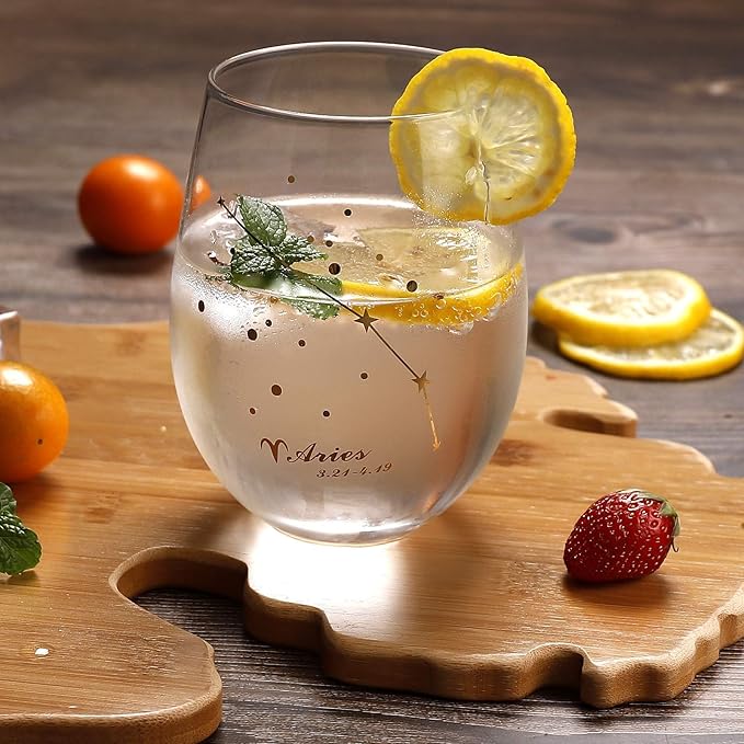 Aries Stemless Wine Glass 20 Oz, Aries Birthday Gifts for Women Men, Zodiac Aries Tumbler Gifts for Pisces Women, Aries Cup Golden Gift, Constellation Tumbler Wine Glass, Astrology Gifts for Women Men
