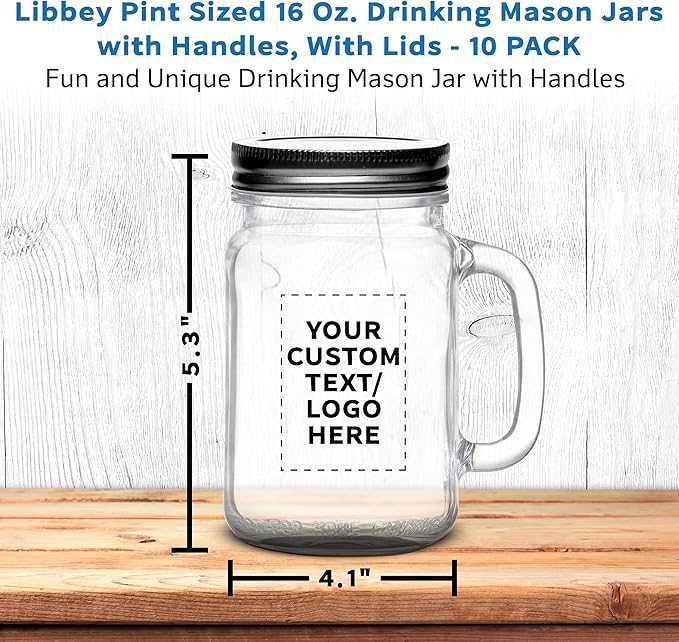 DISCOUNT PROMOS Custom Libbey Handle Mason Jars w/Lids 16 oz. Set of 10, Personalized Bulk Pack - Traditional style, High standard - Black