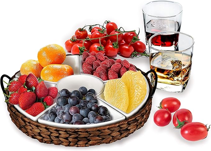 Serving Tray and Serving Dishes, RANDEFURN 7-Set Gold Platters for Parties,15.5 x 15.5 inches, Divided Serving Trays & Platters, Portable Handle,Gold