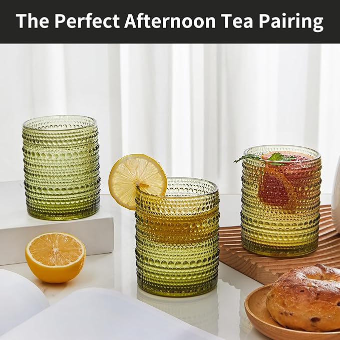 Hobnail Drinking Glasses Set of 6, 12 oz Vintage Glassware Set Cocktail Glass Set, Embossed Green Water Tumbler, for Beer, Whiskey, Juice and Various Mixed Drinks