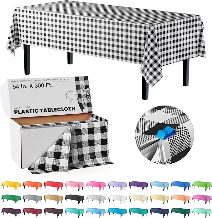 Exquisite Party Solids 54 Inch X 300 Feet Black Gingham Plastic Table Cover Roll in A Cut - to - Size Box with Convenient Slide Cutter. Cuts Up to 36 Rectangle 8 Feet Plastic Disposable Tablecloths