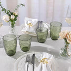 6Pcs 14OZ Drinking Glasses, Green Drinking Glasses, Colored Glassware Drinking, Highball Beverage Glasses Cup, Vintage Glassware Set for Water, Juice, Cocktail, Coffee