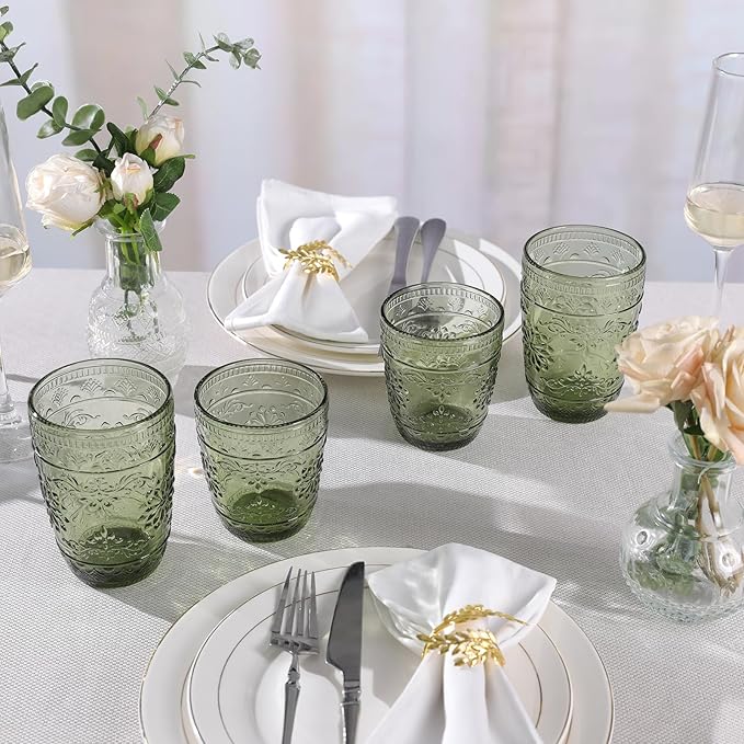 6Pcs Green Drinking Glassware, 10oz Drinking Glasses, Heavy Duty Glass Cups, Colored Embossed Glasses Set for Party Wedding Home Office Glassesware Gift