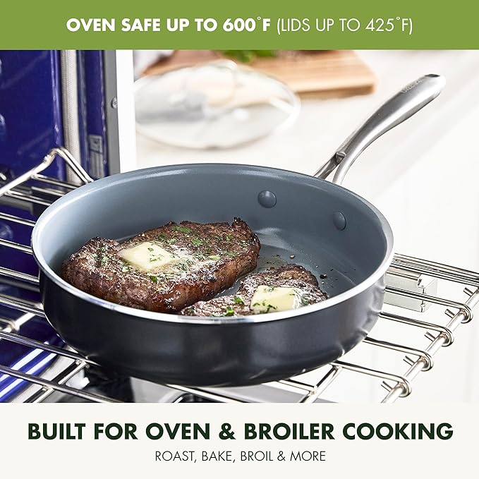 GreenPan 12 Piece Nonstick Swift Cookware Set, Ceramic PFAS-Free Pots & Pans with Lids, Dishwasher & Oven/Broiler Safe to 600F, Kitchen Cooking Set, Sauce, Saute, Stock, Frying Pans, Gray