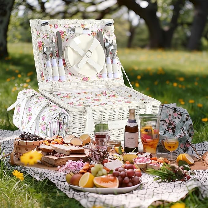 Picnic Basket Set for 4 with Waterproof Blanket Mat Insulation Bag Wicker Floral Elegant Classic Fresh White Pink Gift for Wedding Birthday Summer Camp Outdoor Camping Beach Travel Christmas