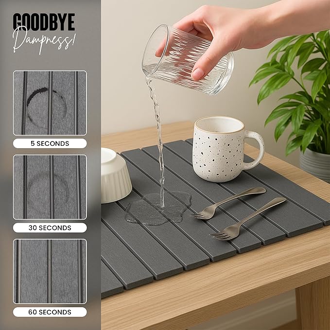 Large Stone Dish Drying Mat for Kitchen Counter, Instant Drying Pad, Super Absorbent Foldable Dish Drying Mat, 24"×16", Dark Gray