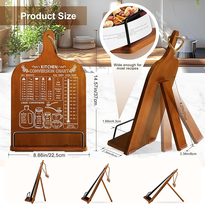 Cookbook Stand for Kitchen Counter Recipe Book Holder with Conversion Chart Adjustable Non Slip Cookbook Holder Kitchen Gifts for Women Mother's Day Gifts for Mom Housewarming Retirement Gifts