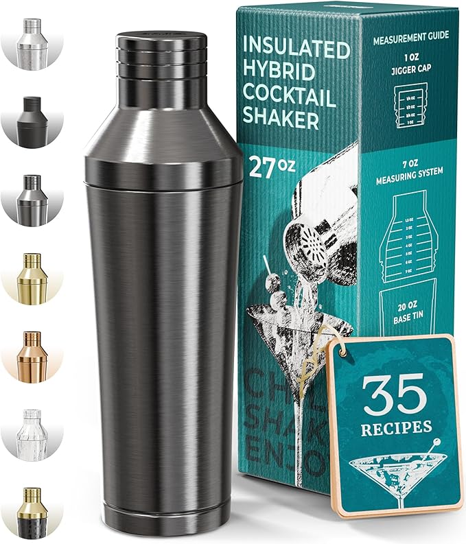 Insulated Cocktail Shaker Set | Double Wall Stainless Steel | Martini Shaker for Home Bar Bartending | Built-in Drink Measurement System & Strainer, Travel Bag, 35 Recipes | Gift Set (Slate Gray)