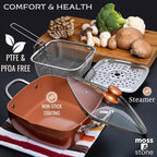 Moss & Stone 5 Pcs Copper Chef Cookware Non Stick Deep Frying Pan, Fry Basket, Steamer Rack, Dishwasher & Oven Safe, 5 Qt Deep Square Pan, Induction Copper Cookware Set - 9.5" x 3.5"