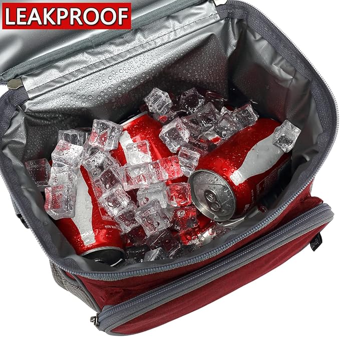 FlowFly Insulated Reusable Lunch Bag Adult Large Lunch Box for Women and Men with Adjustable Shoulder Strap,Front Zipper Pocket and Dual Large Mesh Side Pockets,Red