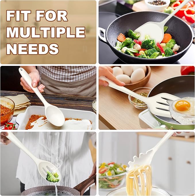 TeamFar Silicone Cooking Utensils Set of 5, Kitchen Utensils Solid & Slotted Spoons Turners Pasta Server for Nonstick Cookware, Healthy & Heat-Resistant, Seamless & Non-Scratch, Dishwasher Safe, White