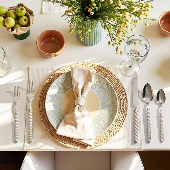 KINGSTONE Retro Rope-Pattern Silverware Set, 60-Piece Flatware Set Cutlery Set Forged with Handcrafted Texture Handles 18/10 Stainless Steel, Dishwasher Safe