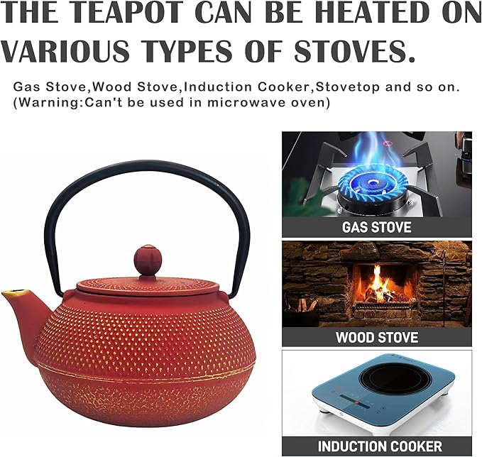 30.4oz Small Cast Iron Teapot, Tea Kettle for Stovetop Safe Coated with Enameled Interior, Red Japanese Tetsubin, Tea Pot with Stainless Steel Infuser for Loose Tea(900ml)