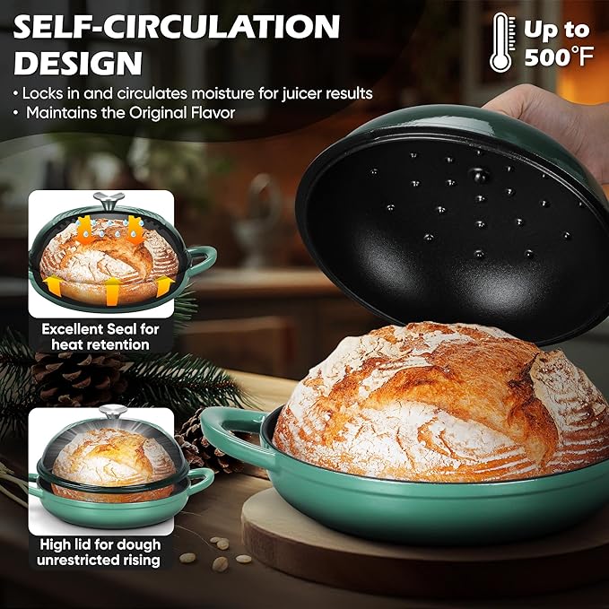Bread Oven for Sourdough (5.5 QT), Joyfair Enamaled Cast Iron Bread Dutch Oven with Lid, Sourdough Bread Baking Pan, Heavy Duty Dual Handles, Non-Stick & Even Cooking, Oven-safe 500°F, Olive Green