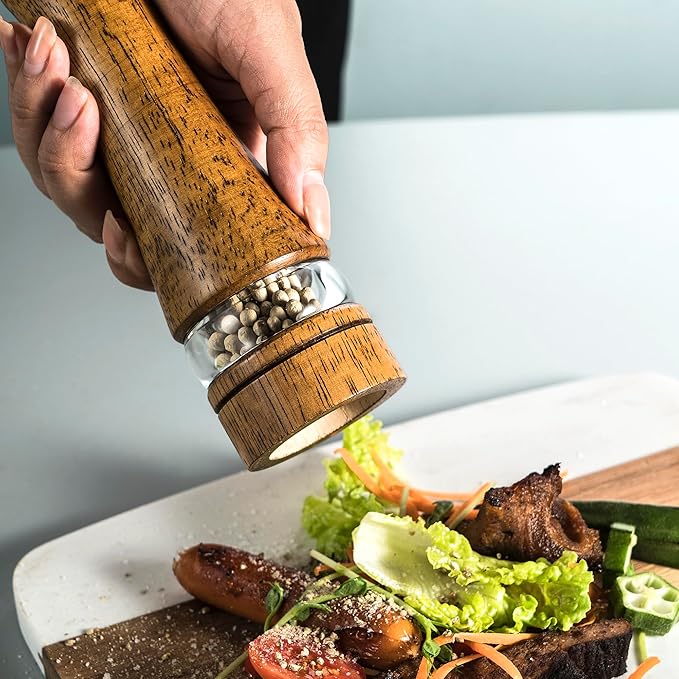 Wooden Salt and Pepper Grinder Set, 8 inch Rubber Wood Salt and Pepper Mills Set of 2 with Acrylic Visible Window & Adjustable Ceramic Rotor