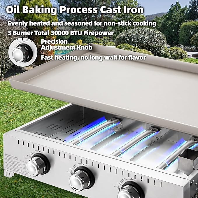 MELLCOM 3 Burner 30000 BTU Outdoor Gas Griddle with Lid (Side Shelf), Portable Flat Top Griddle 28 Inch Heavy- Duty Cast lron Grill, Bottle Rack & Grease Pan for Camping, Picnic, Patio