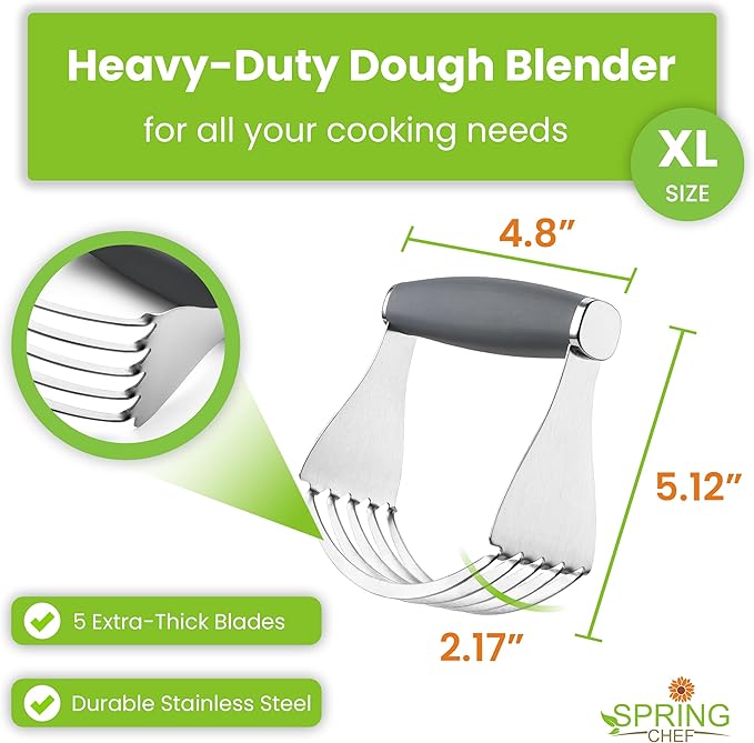 Spring Chef XL Stainless Steel Pastry Cutter Tool for Baking - Heavy Duty Dough Blender - Butter & Dough Cutter Tool with Sharp Blades - Pastry Blender for Easy Mixing - Dishwasher Safe - Gray