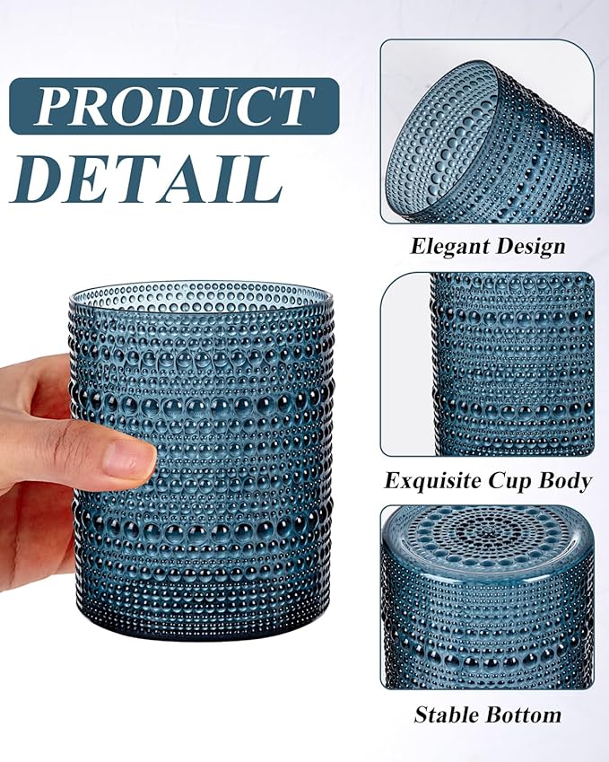 18PCS Hobnail Plastic Drinking Glasses - 14Oz Beaded Glasses Drinkware Set Disposable - Blue Vintage Plastic Bubble Glassware for Beer, Juice, Cocktail, Whiskey, Milk and Various Mixed Drinks