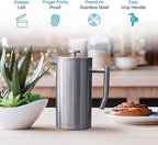 Belwares French Press Coffee Maker 50oz - 304 Stainless Steel Insulated Coffee Press, Double-Wall Heat Resistant Design with 4-Level Filtration System, Rust-Free & Dishwasher Safe (1.5 Liter), Silver