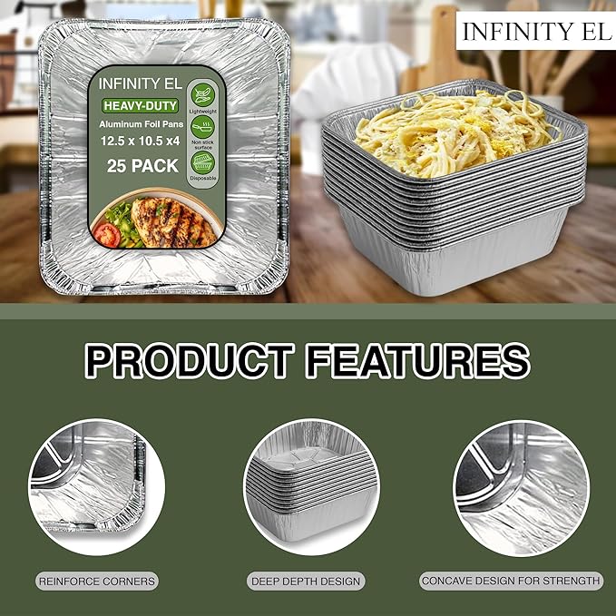 INFINITY EL Disposable Aluminum Foil Pans 25 Pack | Half Pan Extra 12.5" x 10.5" x 4" Deep Disposable Baking Pan | Heavy Duty Aluminum Foil Pan for Roasting Turkey, Lasagna, Thanksgiving, Christmas