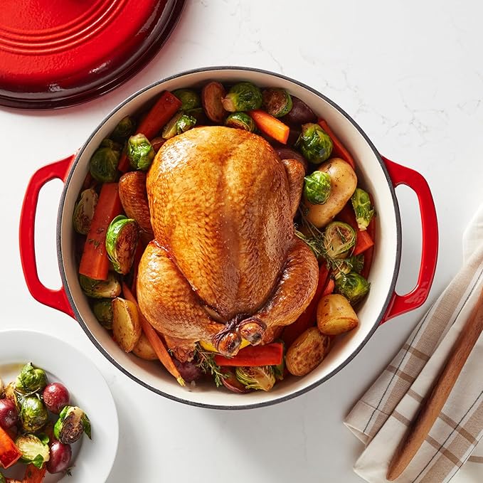 Amazon Basics Cast Iron Dutch Oven Pot with Lid, Enameled, Round, Dual Handles, Heavy-Duty, Large, 7.3-Quart, Red