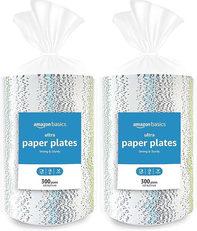 Amazon Basics Ultra Paper Plates, 6.87 Inch, Disposable, 1200 Count (4 Packs of 300) (Previously Encore)