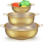Baderke 3 Pieces Stainless Steel Gold Colander Metal Strainer with Handle Pasta Gold Colander for Kitchen Draining Pasta Rinsing Vegetables Rice Food, 3 Sizes(1-3-5 Quart,Classic)
