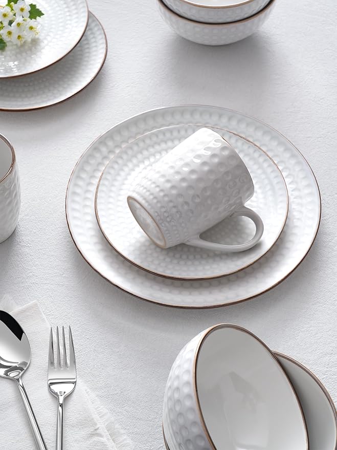 Famiware Eden Plates and Bowls Sets, Stoneware Dinnerware Sets with Gold Trim, 18 Pieces Dishes Set for 6 - Chip and Scratch Resistant, Microwave and Dishwasher Safe, White Circle