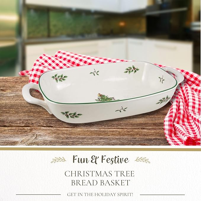 Spode Christmas Tree Oval Breadbasket, 12 Inch Handled Bowl for Fruit, Bread, Cookies - Porcelain Gift, Holiday Serveware & Oven to Table Dish, Dishwasher Safe Tableware
