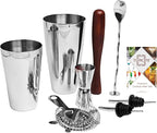 Professional Bartender Kit Cocktail Shaker Set by Toncini | Bartending Tools & Accessories | Stainless Steel Martini Shaker, Strainer, Jigger, Pourers, Muddler, Mixing Spoon, Recipe Book & Velvet Bag