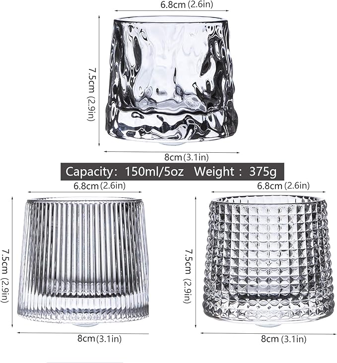 Crystal Whiskey Glasses 5 OZ Set of 3, Rotatable Old Fashioned Glasses, Tumbler Rocks Bar Glass for Drinking Bourbon, Scotch, Cocktails, Cognac（Small Size）