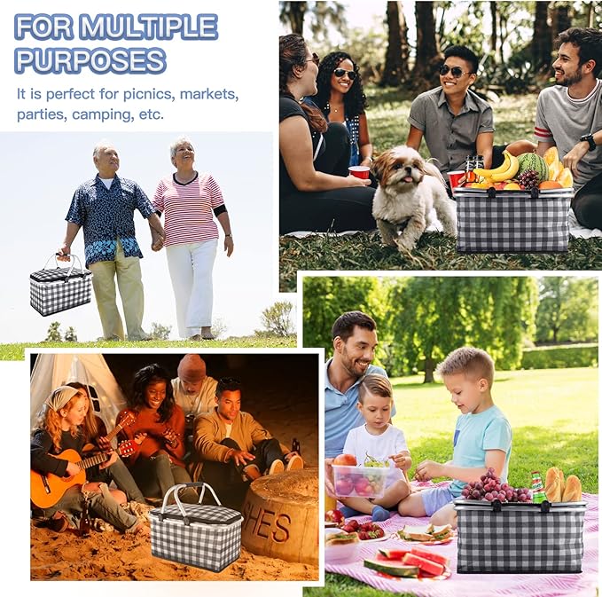 Insulated Picnic Basket,Collapsible Cooler Bag,32L Grocery Basket with Lid,2 Sturdy Handles,Storage Basket for Picnic,Food Delivery,Take Outs,Market Shopping,Travel (Black Grid)