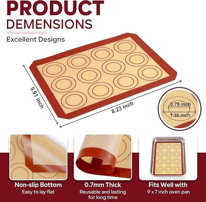 P&P CHEF 8.6 Inch Silicone Baking Mats, 2 Pcs Reusable Silicone Oven Mat, Non Stick Baking Supplies for Macaroon Pastry Bread Dough Cookie, Fits Well with Sheet Pan, Healthy & Easy Clean