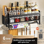 Hanging Wall Mount knife Wall Mount,Condiment Cup, Space-Saving Knife Rack with Hooks, Kitchen Organizer Storage Shelf for Utensils Spatula Spoon, Kitchen Utensil Hanger (Black, 48cm+6Cups+10Hooks)