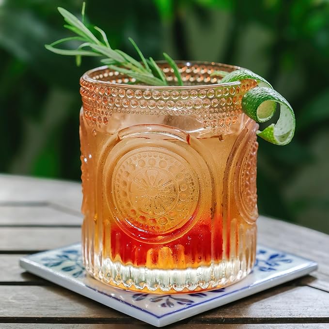 Kate Aspen Ribbed Retro Arch Floral Rose Gold Drinking Glasses Set of 6, (10 oz) Vintage Glassware Set Cocktail Glass Set, Juice Glass, Water Cups | Great Hostess Gift & Gift for New Home Owners