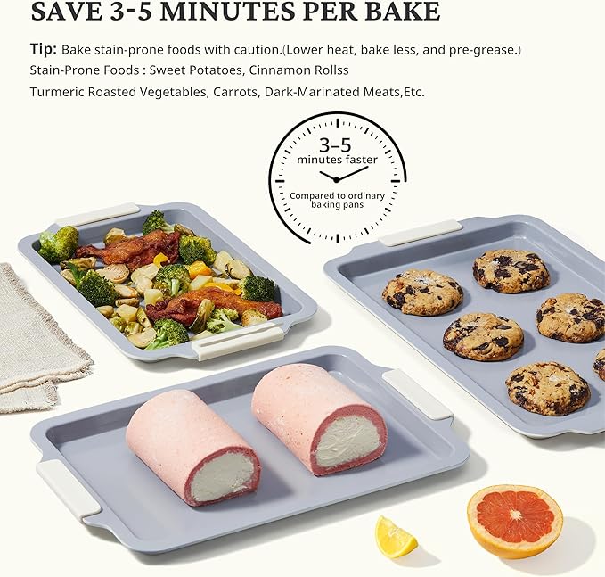BRONYPRO Non Stick Ceramic Baking Sheet Pan Set of 3, Natural Non Toxic Cookie Sheets for Baking - PFOA, PTFE Free, Heavy Duty Aluminized Steel Oven Trays for Cooking with Silicone Handles, Cream