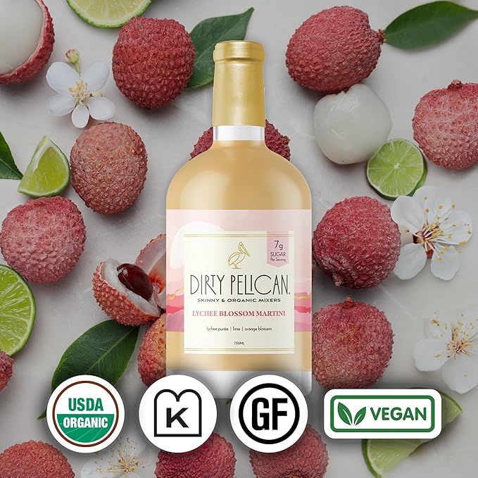 Dirty Pelican Cocktail Mixers - Lychee Blossom Martini - Skinny & Organic Drink Mixes for Cocktails - Low Calorie Mocktails - Low Sugar - Vegan - Gluten Free - No Preservatives - 750ml (1 Bottle)