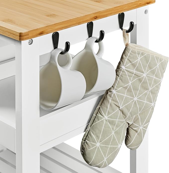 Yaheetech Kitchen Island Cart on Wheels with Bamboo Countertop, Rolling Serving Utility Trolley Cart with 3 Drawers, 3 Removable Shelves & Lockable Casters, Storage Cabinet for Dining Room, Bar, White