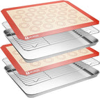 Stainless Steel Baking Sheet Tray Cooling Rack with Silicone Baking Mat Set, Cookie Pan with Cooling Rack, Set of 6 (2 Sheets + 2 Racks + 2 Mats), Size 16 x 12 x 1 Inch, Easy Clean