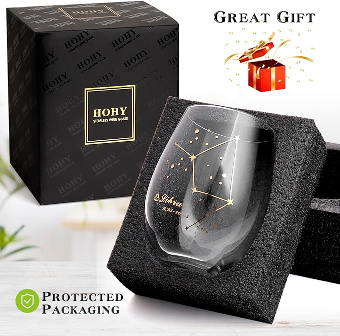 HOHY Libra Wine Glass - Stemless, 20oz Zodiac Sign Constellation Glass, Horoscope Gift for Women & Men
