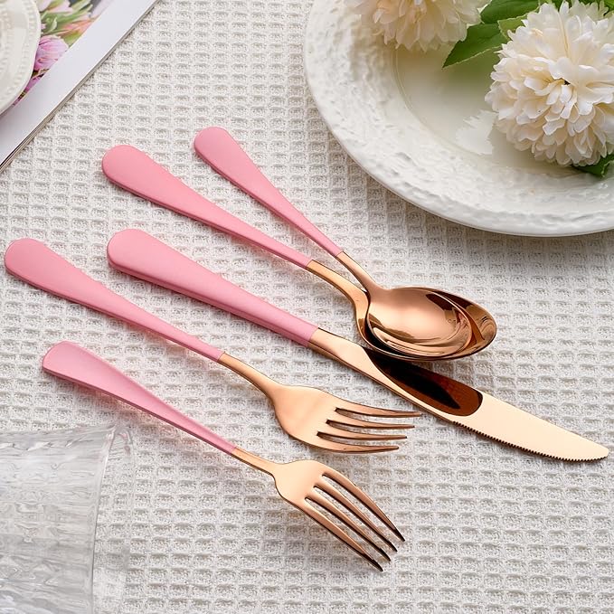 20 Piece Rose Gold Pink 18/0 Flatware Utensil Set for 4, Include Dinner Knife,Dinner Forks,Dinner Spoons,Salad Forks,Teaspoons,Silverware Set for 4, Dishwasher Safe