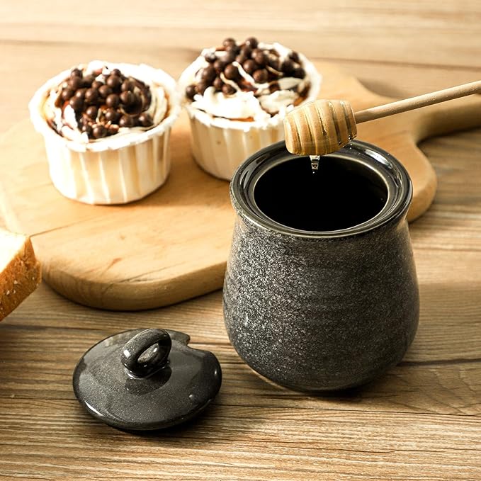 Hasense Honey Jar with Lid, 12 Ounce Ceramic Honey Pot with Wooden Dipper Stick, Grey Kitchen Container Dish for Birthday Wedding Gift, Easy to Clear