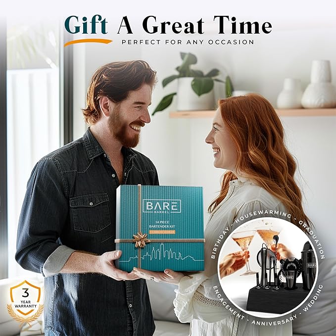 BARE BARREL® Mixology Bartender Kit Bar Set | 14-Piece Cocktail Shaker Set | Martini Barware Mixing Tools for Home Bartending | Incl. 35 Recipe Cards | Gift Set (24oz Cobbler Shaker, Jet Black/Black)