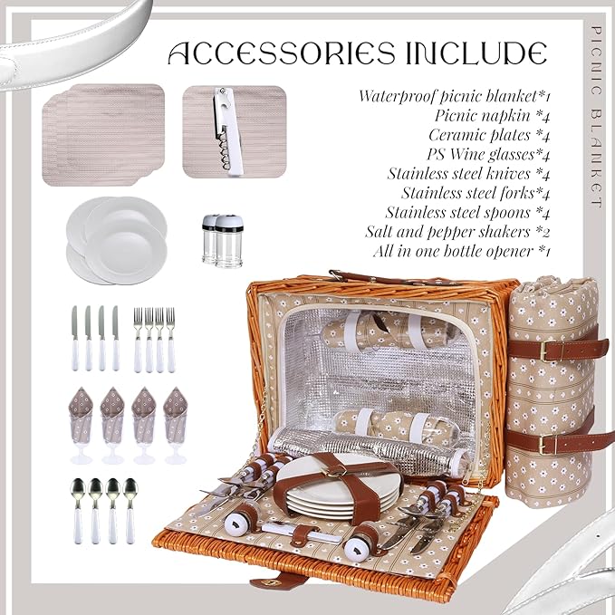 Picnic Basket Set for 4 with Waterproof Blanket Mat Insulation Bag Wicker Floral Brown Classic Fresh for Wedding Birthday Summer Camp Outdoor Camping Beach Travel Christmas