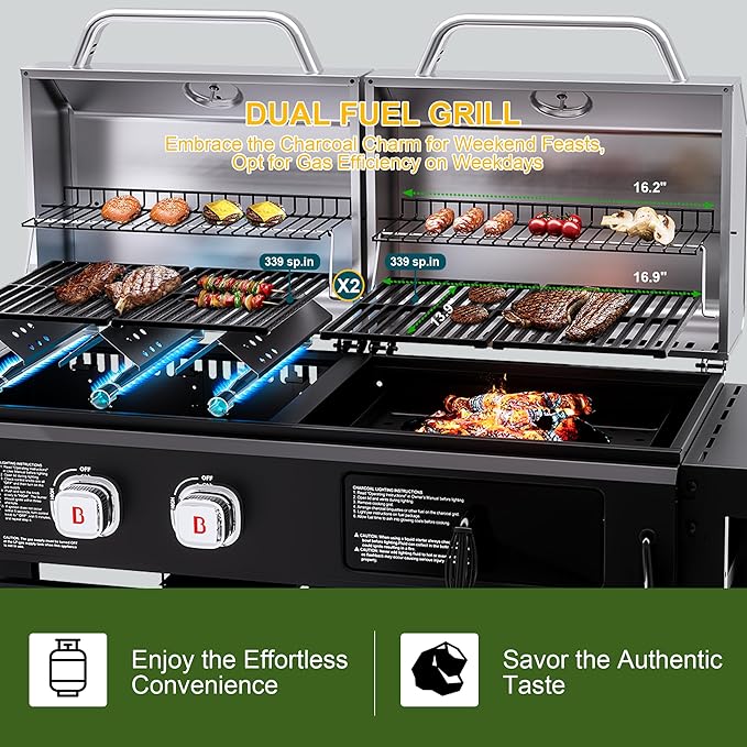 Brand-Man Propane Gas and Charcoal Grill Combo, Dual Fuel BBQ Combo Grill with Stainless Steel Dual Lids & 2 Side Shelves for Outdoor Kitchen & Backyard Barbecue Cooking