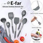 E-far 14 Pieces Silicone Cooking Utensils Set, Kitchen Utensils Set with Holder, Spatula, Ladle, Spoon, Tong, Slotted Turner for Nonstick Cookware, 446°F Heat Resistant & Stainless Steel Handle, Gray
