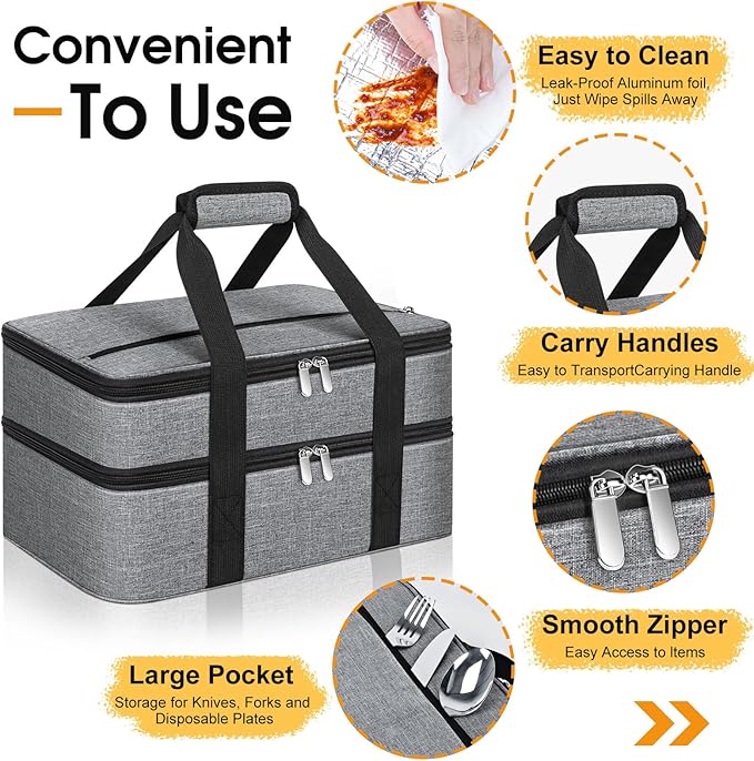 Double Insulated Casserole Carrier, Portable Casserole Carrier for Hot or Cold Food Lunch Tote Warmer or Cooler Bag, Lasagna Lunch Bag for Potluck Parties- Fits 9" x 13" Baking Dish-Grey