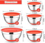 E-far Stainless Steel Mixing Bowls with Lids Set, 5-Piece Nesting Salad Bowls with 3 Grater Attachments and Non-Slip Bottoms, Size 4.6, 2.6, 2, 1.5, 1QT for Kitchen (Red)